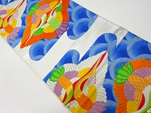 リサイクル　ヱ霞に向かい鶴模様織出し袋帯